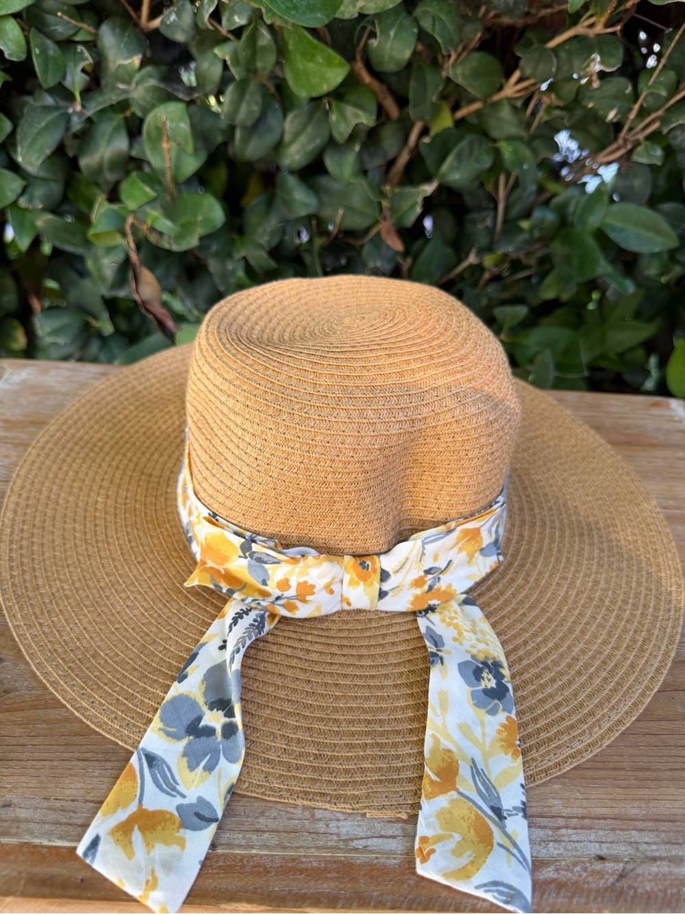 Joie Tan Straw Sun Hat with Yellow & Gray Floral Tie
